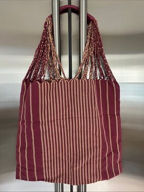 New Striped Burgundy and Beige Woven Tote Bag with Braided Handles cotton
